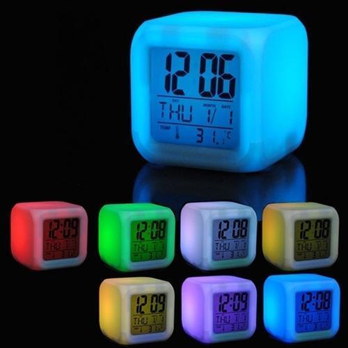 LED Color Changing Digital Alarm Clock, Thermometer & Date Cube Shaped 3”