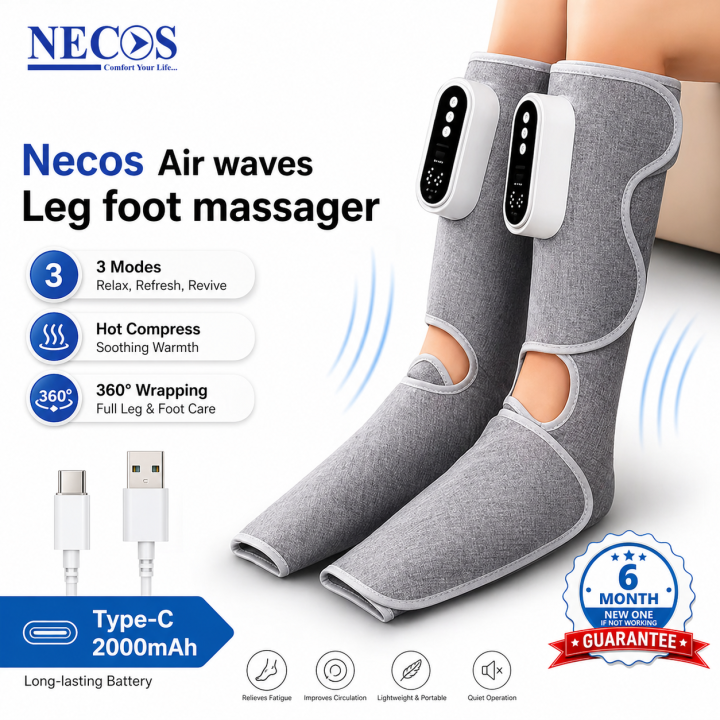 NECOS Electric Leg & Foot Massager – Rechargeable Air Compression, Adjustable Pressure, Pain Relief & Relaxation, Elderly Gift | 6 months replacement guarantee