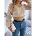 Women'S Cropped Sweater V-Neck Long Sleeve Crop Sweater Pullover Jumper Knit Top Khaki XL. 
