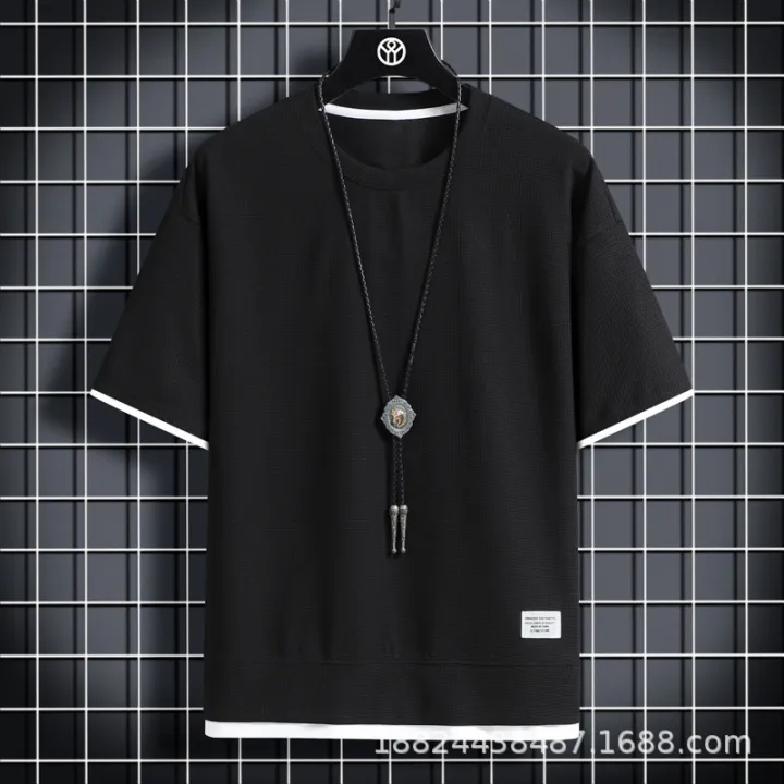 Waffle%20short%20sleeve%20t-shirt%20men's%20casual%20sportswear%20wholesale%20summer%20loose%20two-piece%20half-sleeved%20t-shirt%20two-piece%20set%20-%20Image%206