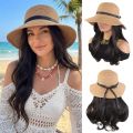 Casual Sun Protection Summer Straw Sun Hat Wig Breathable Foldable Fisherman Hat with Built-in Wig Wide Brim Hairpiece Long Wavy Curly Hair Vacation Accessory. 