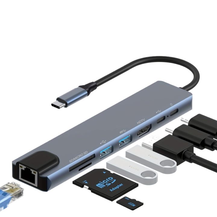 8-in-1 USB C Hub - 4K HDTV, 100W PD, USB Ports, Ethernet, SD/TF Card ...