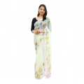Yellow Chiffon Flower Printed Saree For Women. 