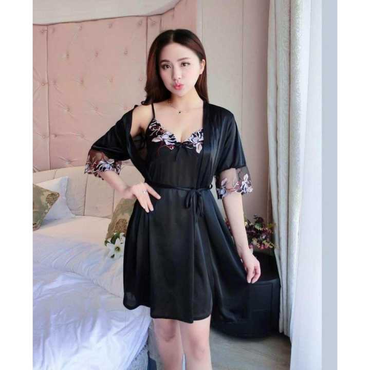 Satin Smooth Comfortable Night Dress Set Of 2 ( Robe + Dress ) For Women