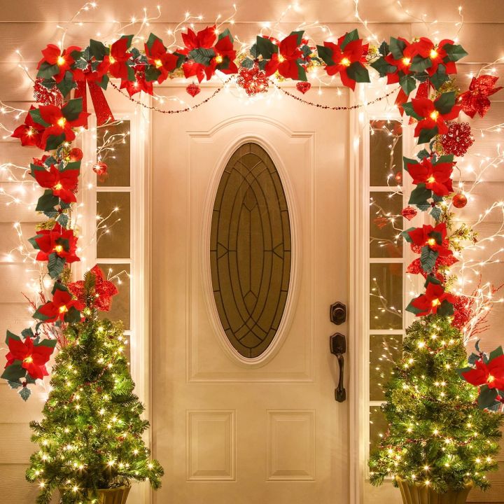 Original 2M10LED Christmas Garland Lighting Strings Artificial Red Flowers Holly Leaves for Home 2024 Xmas Ornament New Year Gifts 2025