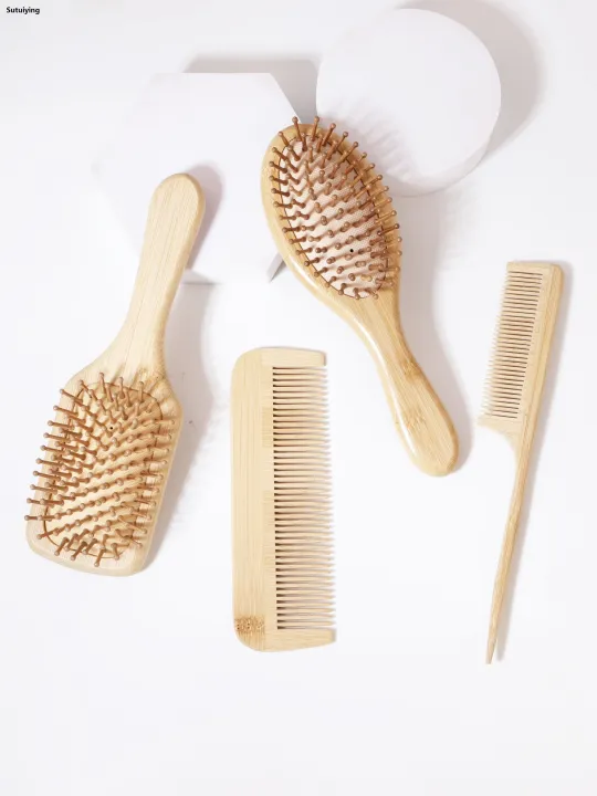 Sutuiying%204PCS%20natural%20bamboo%20and%20wood%20comb,%20anti-static,%20pointed%20tail%20comb,%20Fifty%20percent%20discount%20oval%20square%20scalp%20massage%20brush,%20dry%20and%20wet%20dual-purpose%20-%20Image%202