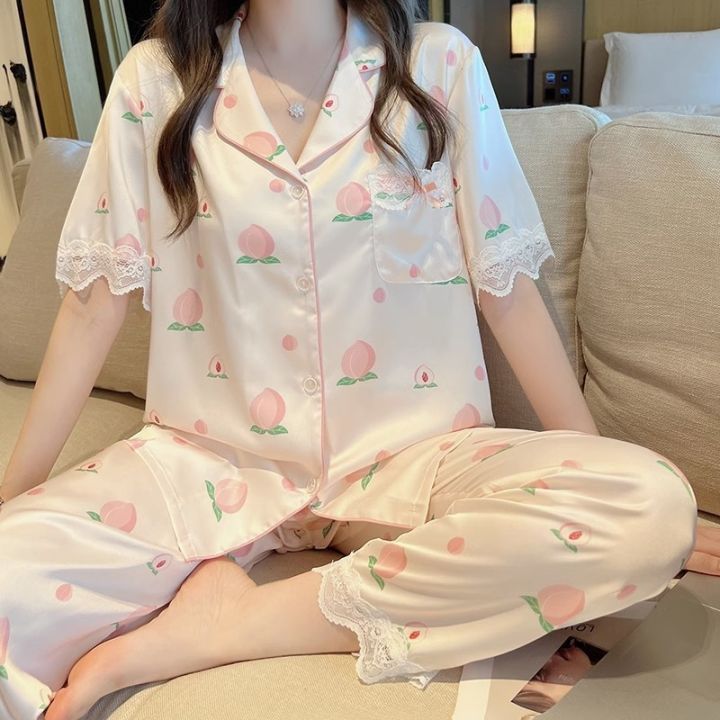 New%20summer%20ice%20silk%20sweet%20peach%20lace%20pajamas%20women's%20summer%20short%20sleeve%20trousers%20can%20be%20worn%20over%20the%20loungewear%20set%20-%20Image%206