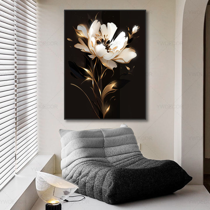 NEW Painting Art Wall Abstract Modern Poster Leaf Gold Luxury Black ...