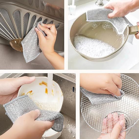 Multipurpose Wire Dishwashing Rags For Wet And Dry, Multifunctional Non Scratch Metal Wire Dishcloth, Reusable Premium Metal Scrubbing Pads Sponge Clean For Home Kitchen Cooktop ( 3 PCS )