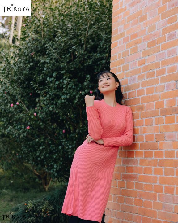 Trikaya Women's Long Woollen Knitted Dress - Peach