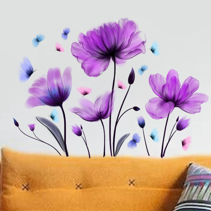 Wall Stickers Purple Flowers Home Room Decoration Bedroom Living Room Adhesive Bathroom Wall Furniture Door House Interior Decor
