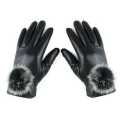 Women'S Touchscreen Leather Winter Gloves With Faux Fur Pom-Pom. 
