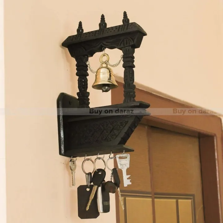 Bell%20in%20Wooden%20Frame%20Wall%20Mounted%20Key%20Holder%20with%205%20Hooks%20Traditional%20Design%20Keyring%20Storage%20-%20Image%203