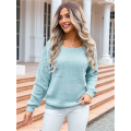 Women'S Off Shoulder Sweaters Long Sleeve Drop Shoulder Waffle Knit Pullover Sweater Tops with Pockets Blue L. 