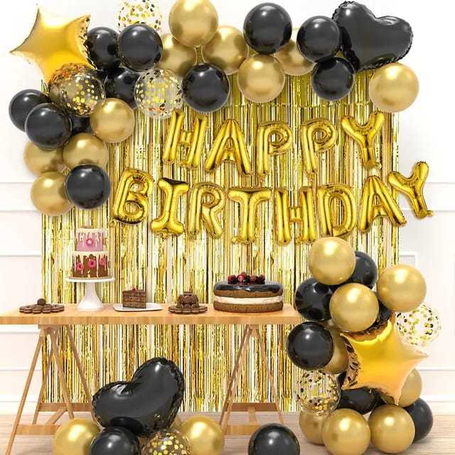 Black/Golden Birthday Decoration Kit- 2 Pcs Foil Curtain/Birthday Banner/30 Pcs Balloons - Decorative Balloons |