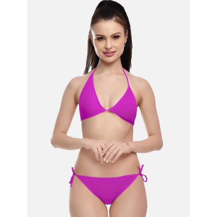 Sexy and Stylish Satin Bikini Bra Panty Lingerie Set Free Size Purple Color