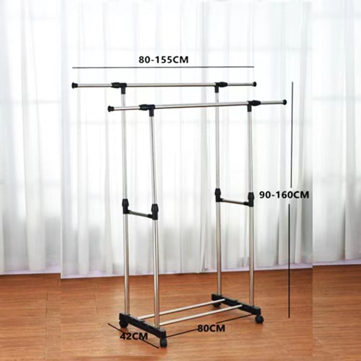 Double Pole Adjustable Stainless Steel Cloth Drying Hanger And Organizer Rack With Wheel For Indoor & Outdoor