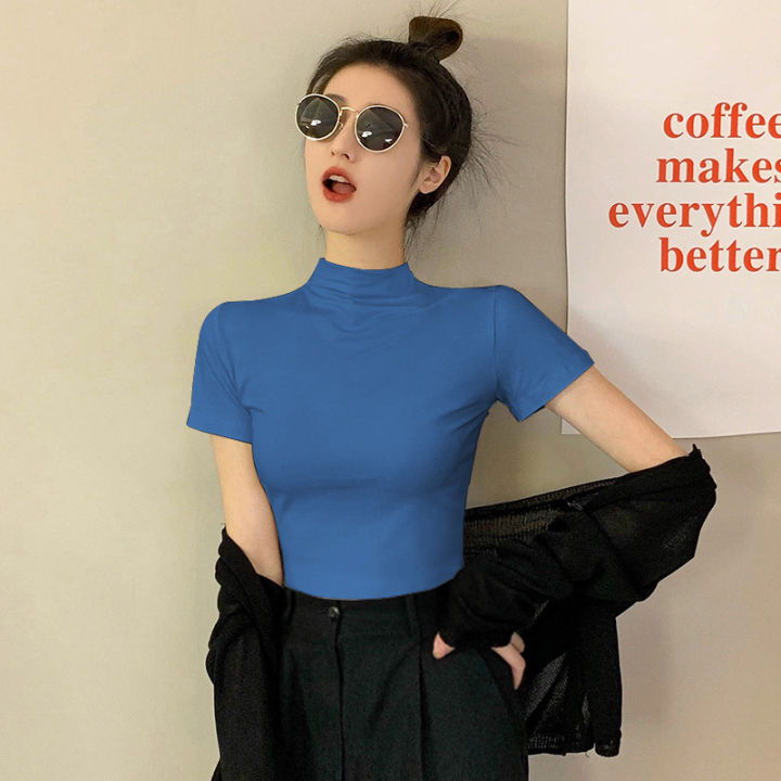 Last%20Lady%20Black%20Crew%20Neck%20Short%20Sleeve%20T-Shirt%20Women's%20Spring-Summer%202025%20Ice%20Silk%20Mid%20Neck%20Top%20Tight%20Half%20Sleeve%20Base%20Shirt%20-%20Image%207