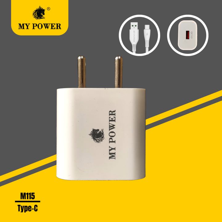 My Power 18 Watt Fast Charging Round Pin  with Type-C data cable, Indian Pin, Quick Charger White Color with 6 Months of Warranty