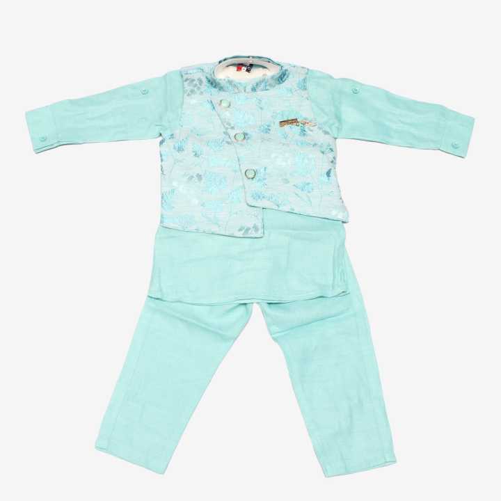 Light Blue Printed  3 Pcs Baby Sherwani Kurti Set For Baby Boy