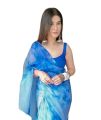 Saree For Women. Organza Party-Wear Bollywood Stylish Lightweight Saree Pink & Blue With Unstitched Blouse. 