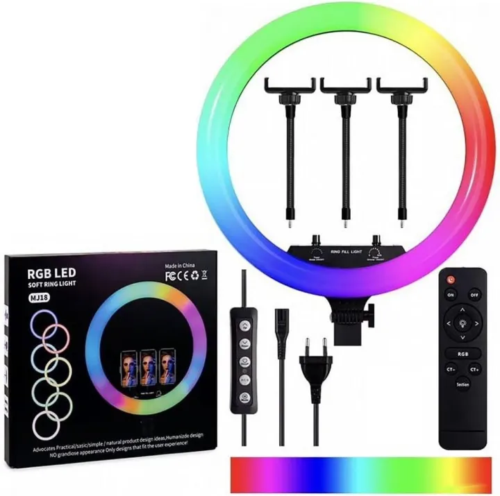 MJ18%2045cm%20RGB%20LED%20Ring%20Fill%20Light%20Includes%203%20Phone%20Holders%20Remote%20And%207%20Ft.%20Stand%20-%20Image%202