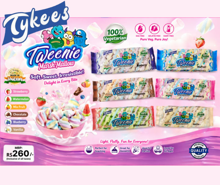 Tykees Marshmallow 120g Assorted Flavors | Blueberry, Strawberry, Vanilla, Watermelon, Chocolate & Mix Fruit Candy Nepal