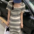 Sweet Square Neck Stripe Long Dress Slim Fit Beachwear Short Sleeve Dresses Simple Spicy Girl Stripe Knitted Dress Summer. 