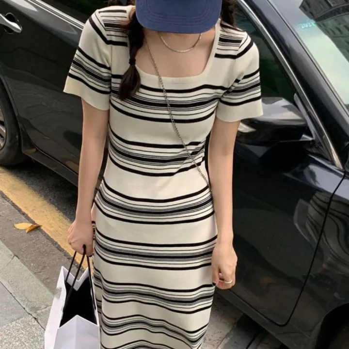 Sweet%20Square%20Neck%20Stripe%20Long%20Dress%20Slim%20Fit%20Beachwear%20Short%20Sleeve%20Dresses%20Simple%20Spicy%20Girl%20Stripe%20Knitted%20Dress%20Summer%20-%20Image%207
