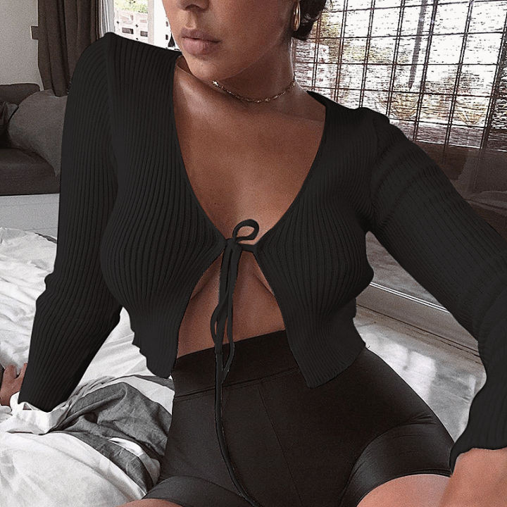 Top,%20long%20sleeve,%20open%20chest,%20summer%20top,%20short%5D%20New%20product%20on%20the%20Luxury%20market%20%5BKnitted%20women's%20lace-up,%20white,%20blue,%20black,%20solid%20color%20-%20Image%202