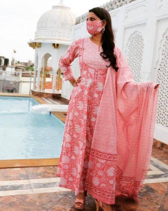 Light Pink Kurta With Dupatta And Bottom With Floral Print With A Face Mask For Ladies