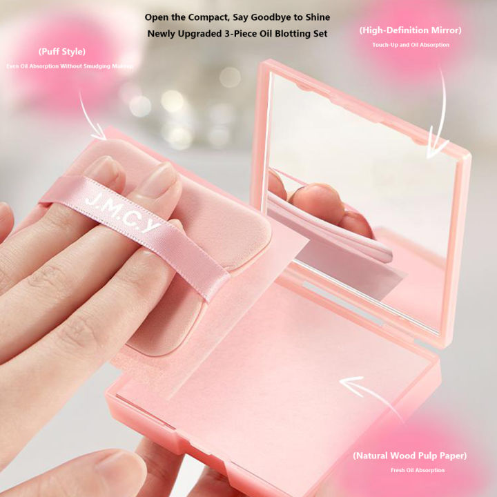 Portable With Puff Oil Control Blotting Paper With Mirror Lightweight Face Shine Remover Compact 3-in-1 Blotting Paper for Summer Travel