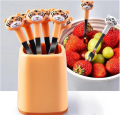 Cartoon Fruit Fork Set, Stainless Steel, Mini Cute Fork, Tiger Shaped Fruit Fork, Can Be Used for Fruits, Cakes, Pastries, Pack of 6 with Base Yellow. 
