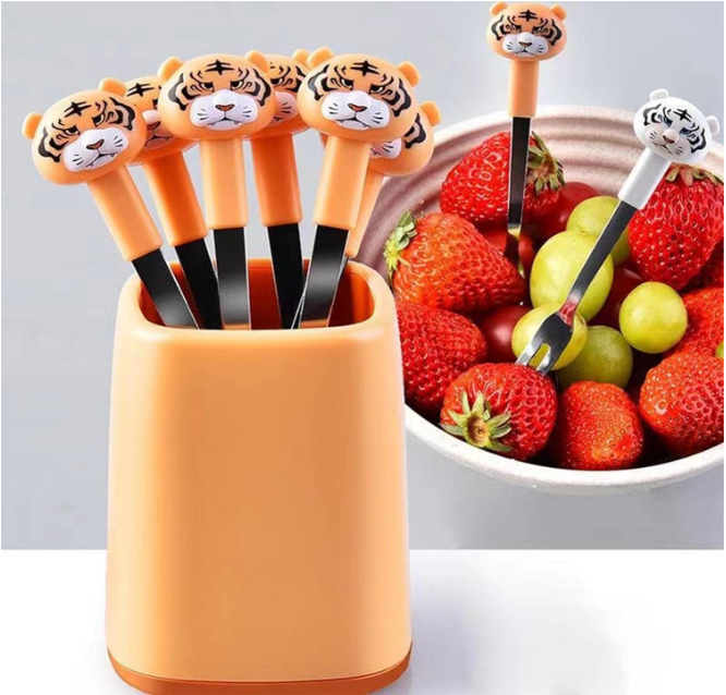 Cartoon%20Fruit%20Fork%20Set,%20Stainless%20Steel,%20Mini%20Cute%20Fork,%20Tiger%20Shaped%20Fruit%20Fork,%20Can%20Be%20Used%20for%20Fruits,%20Cakes,%20Pastries,%20Pack%20of%206%20with%20Base%20Yellow%20-%20Image%202