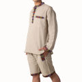 Cream Nepali Half Pant & Bhutani Borderd Kurta Shirt For Men. 