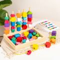 Educational Toys Geometric Color Shape Cognition Toys Interactive Montessori Stacks Blocks Puzzle Game Challenges DIY Wooden Beads Sequencing Toy Parent Child. 