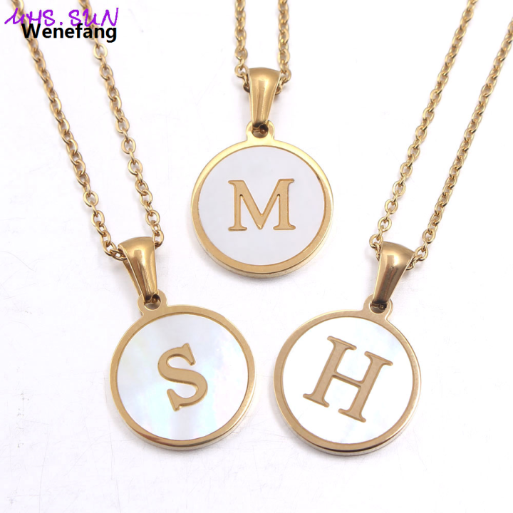 Wenefang MHS.SUN Fashion 26 Letters Pendant Necklace Women Girls A-Z Alphabet Stainless Steel Chain Shell Jewelry Simple Design 1Pcs