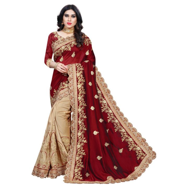 Red/Beige Embroided Silk Blend Bollywood Saree For Women | Traditional Saree For Women | Saree For Women