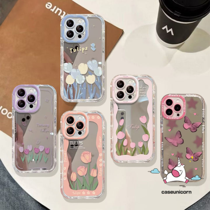 Luxury Mirror Make Up Cartoon Flowers Cute Tulips Casing Compatible for IPhone 16 15 12 14 11 13 Pro Max XR 7Plus XS Max X 8 7 15 Plus Romantic Picture Frame Butterfly Starry Sky Case
