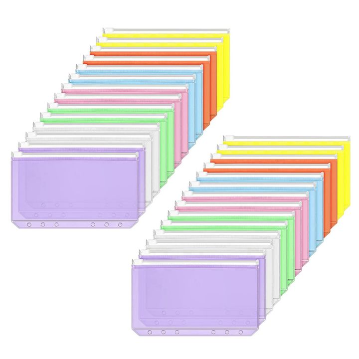 ARELENE 28 Pieces Binder Pockets A6 Size 6 Holes Binder Zipper Folders Waterproof PVC Loose Leaf Bags for 6-Ring Binder Notebook
