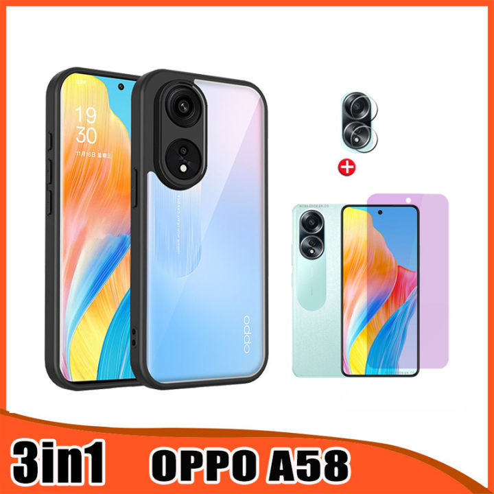 3 In1 Oppo A58 Anti Blue Screen Protector film+ Lens Film For OPPO A38 A78 A18 Frosted Anti-fall Mobile Phone Case