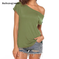 Ashunqiwen Affordable New specials Women's One Shoulder Off Tee Tops, Short Sleeve T Shirts, Basic Loose Shirt, Solid Casual Clothes, Summer Fashion. 