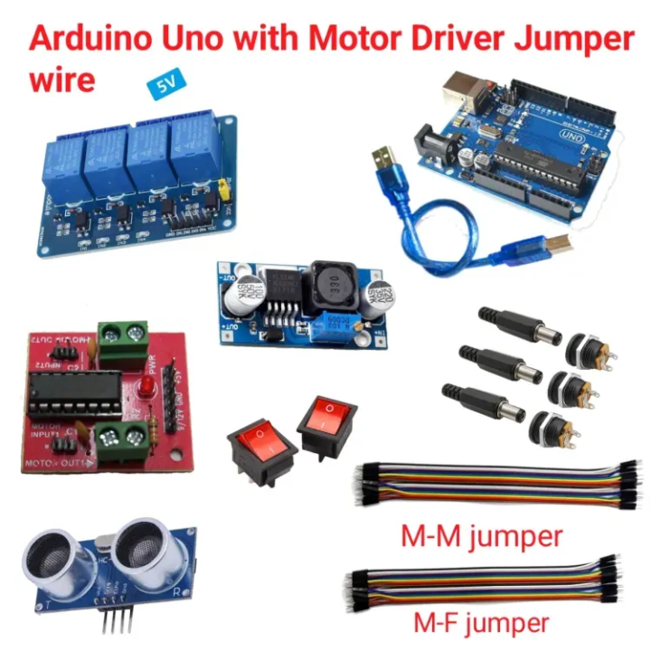 Arduino Uno With Relay Module L293d Module Buck Converter Ultrasonic Sensor