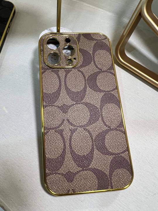 Designer%20Compatible%20with%20iPhone%2014%20Pro%20Max%20Case%20Luxury%206.7%20inch,%20Leather%20Back%20Edge%20with%20Plate%20Gold%20Rim%20Classic%20Pattern%20Bling%20Glitter%20Nameplate%20Camera%20Protection%20Cover,%20Shockproof%20Protective,%20Khaki%20-%20Image%202