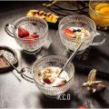 Glass Vintage Embossed Big Sized Coffee Tea Mug, Dessert Bowl With Handle- 2 Pc. 