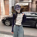 40 count cotton thread, 95 cotton 5 spandex long sleeve T-shirt, women's autumn slim design, zipper short shoulder top. 