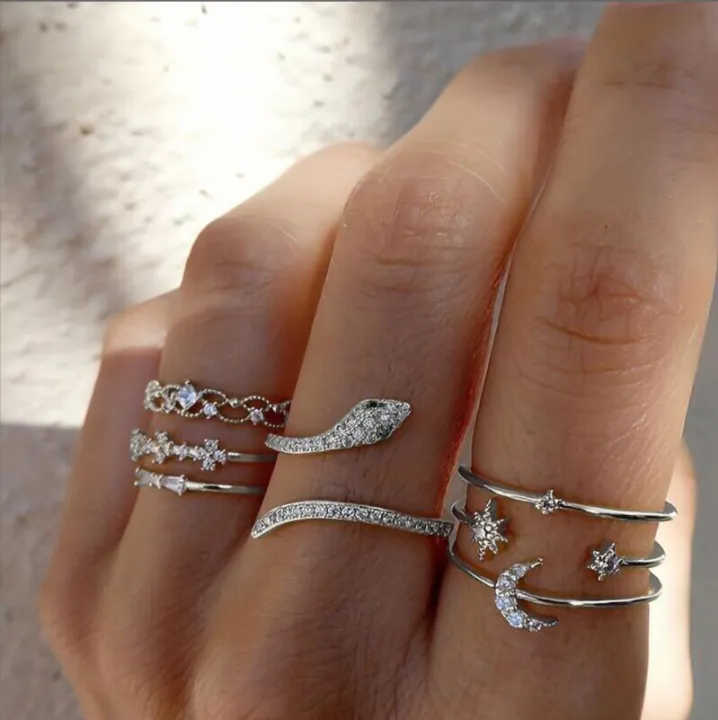 Youbo%20Silver%20Star%20Moon%20Spot%20Drill%20Ring%20Creative%20Retro%20Snake%20Shape%20Ring%207%20Set%20-%20Image%202