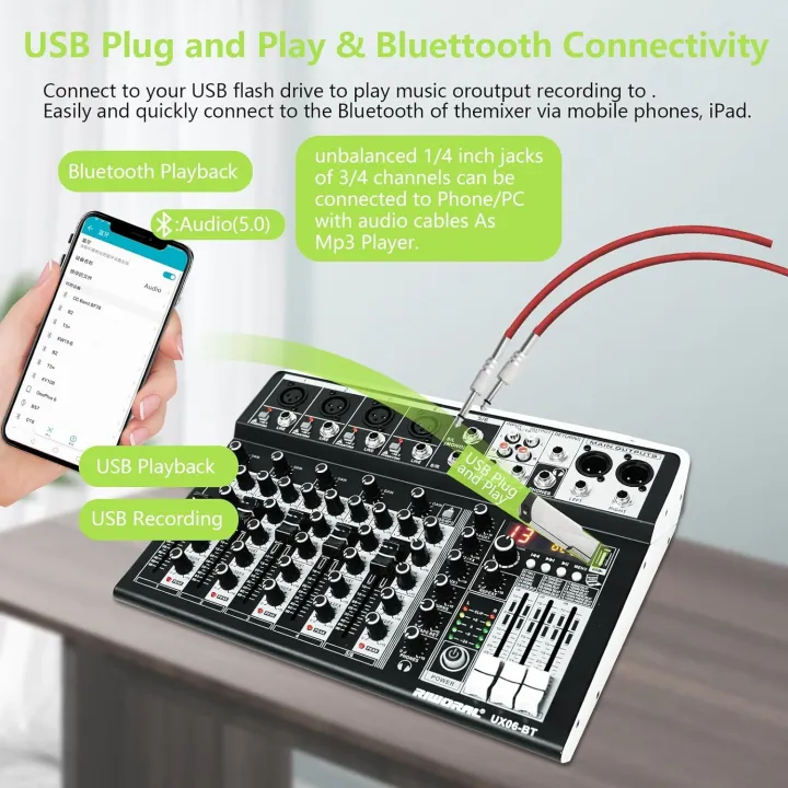6%20Channel%20Audio%20Interface%20Soundboard%20Mixing%20Console%2016-bit%20DSP%20DJ%20Mixer%20Audio%20Reverb%20Effect%20+48V%20Phantom%20Bluetooth%20Studio%20Audio%20Mixer%20for%20Karaoke%20Studio%20Streaming%20Recording%20-%20Image%207