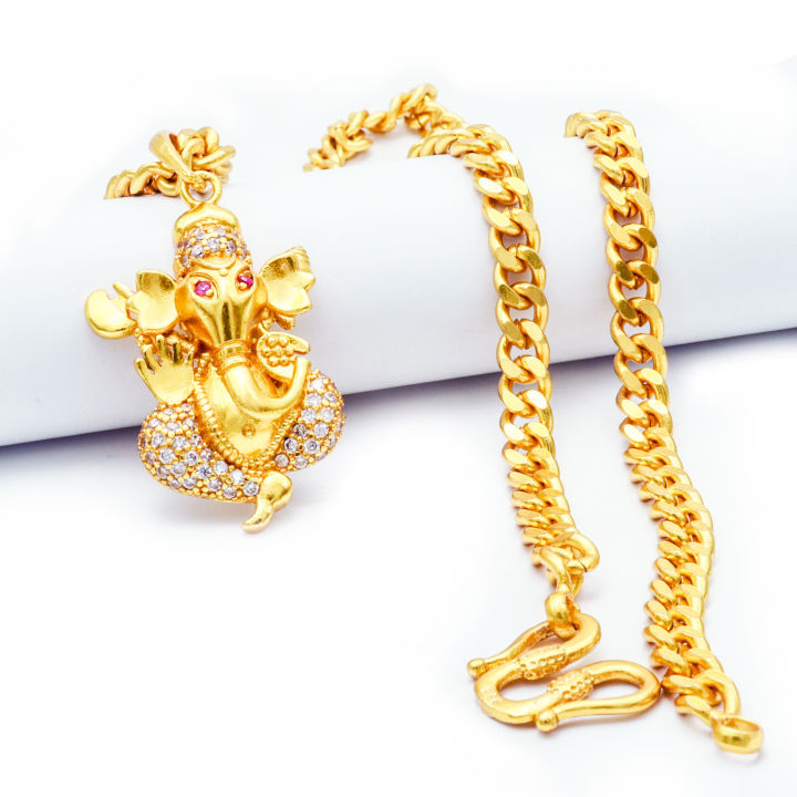 Gold Plated Panchadhatu Chain With Ruby And White Stone Ganesh Locket For Women | Gold Plated Necklace With Pendant For Women