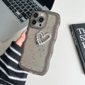 Sroof Case For iPhone 11 12 13 14 15 Pro Max 6 7 8 14 15 Plus X XR XS Max New Fresh Transparent Drip Glue Star Sparkling Powder with Large Waves and Pearl Heart phone case back cover. 